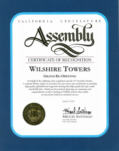 California Legislature Assembly - Certificate of Recognition 2018 - 
Wilshire Towers