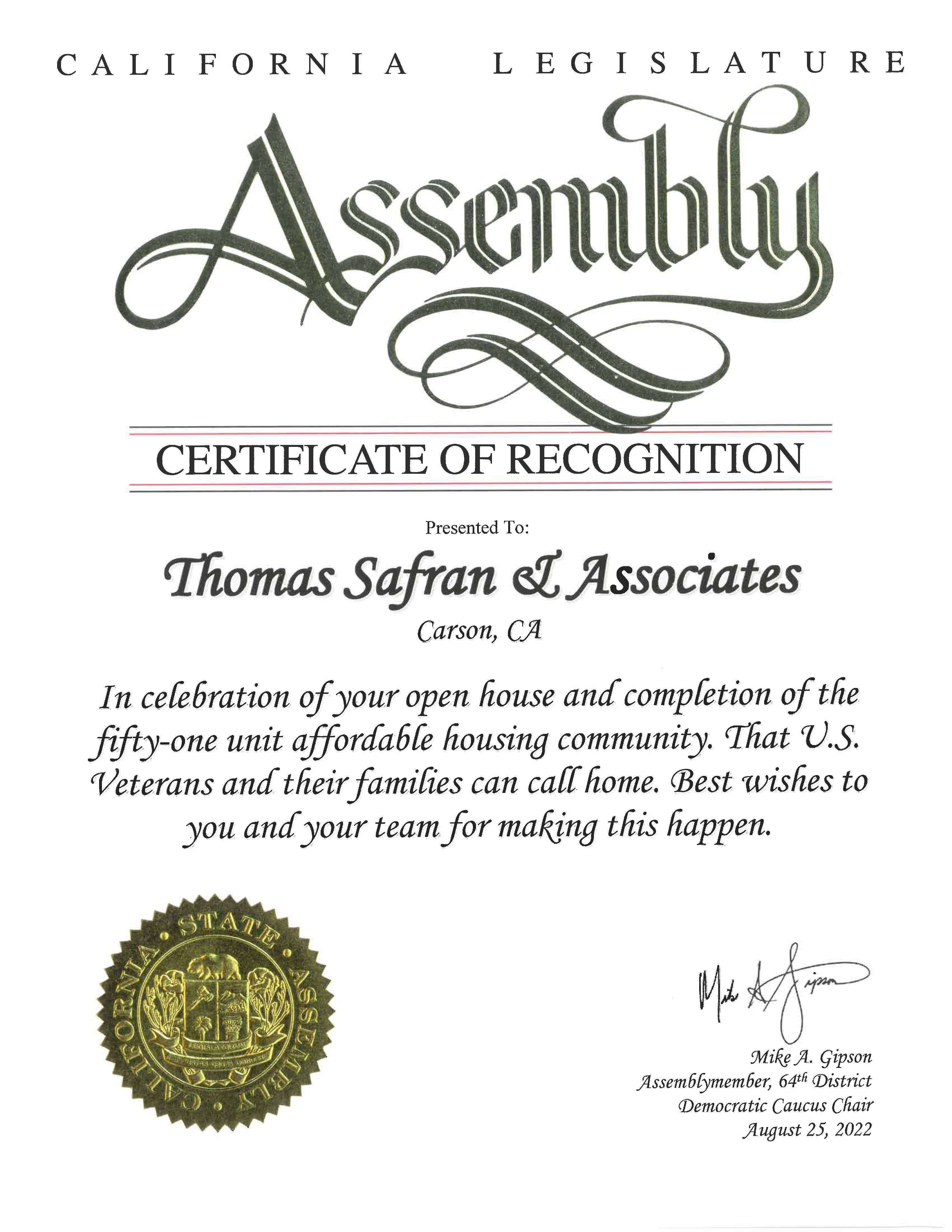 California Legislature Assembly - Certificate of Recognition 2022 - 
Thomas Safran & Associates