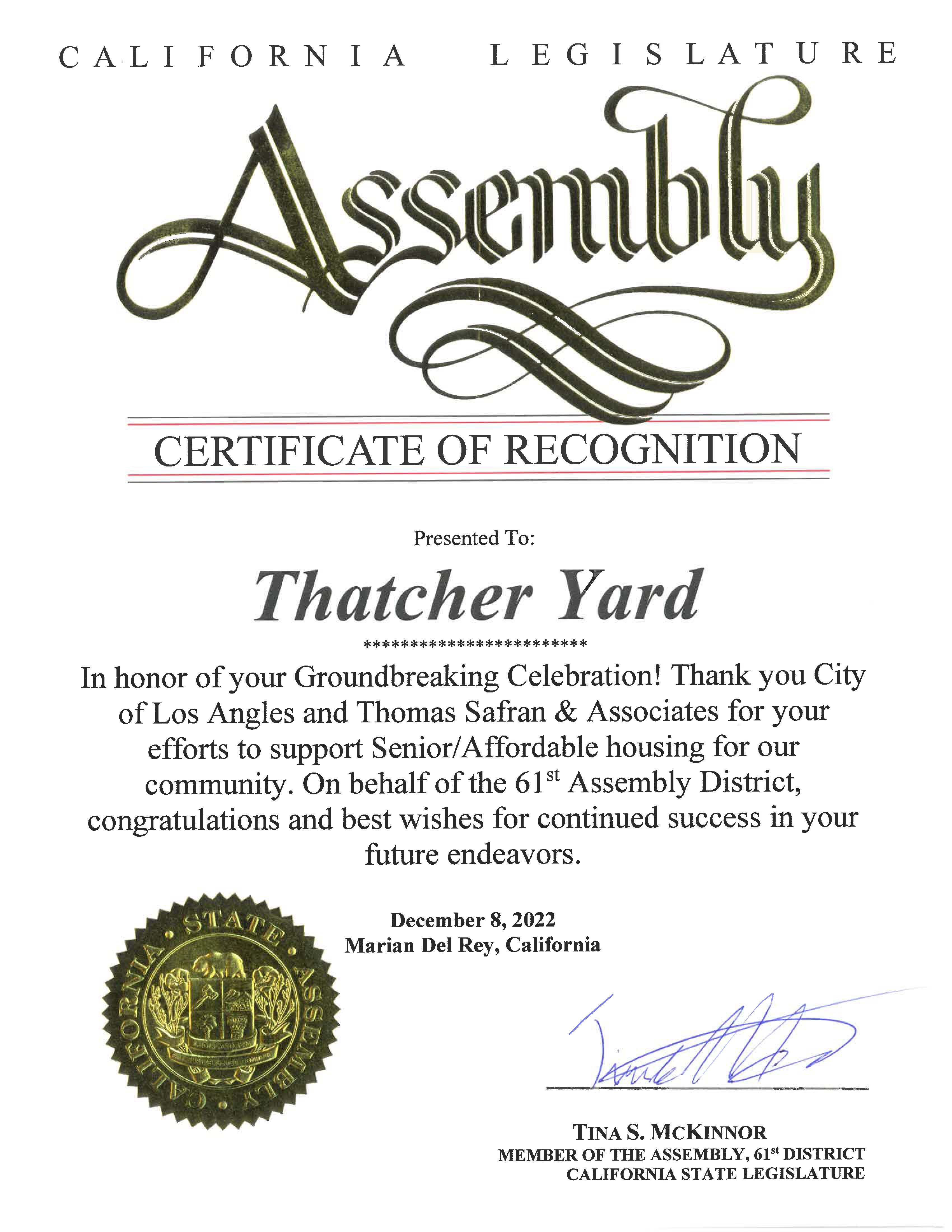 California Legislature Assembly - Certificate of Recognition 2022 - 
Thatcher Yard