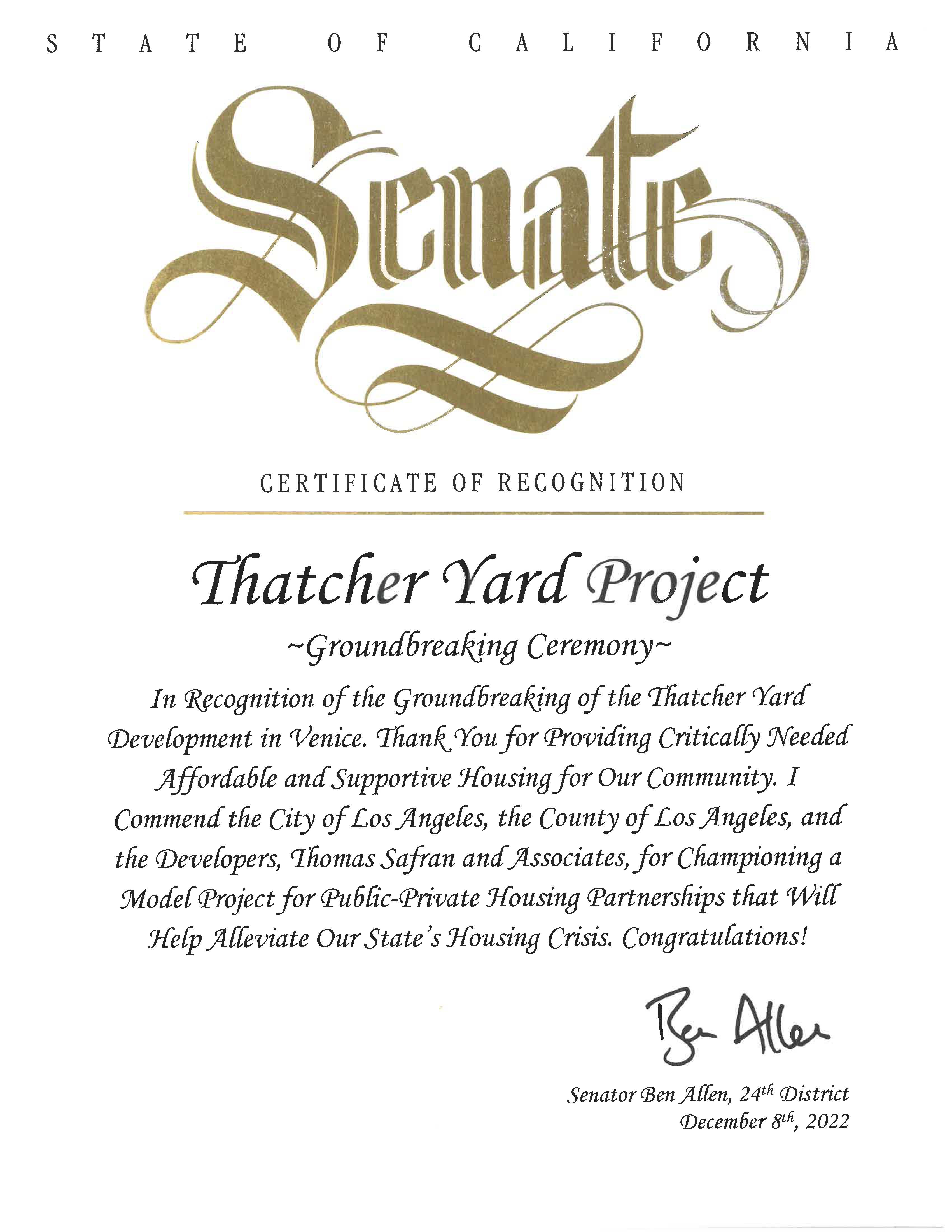 State of California Senate - Certificate of Recognition 2022 - 
Thatcher Yard
