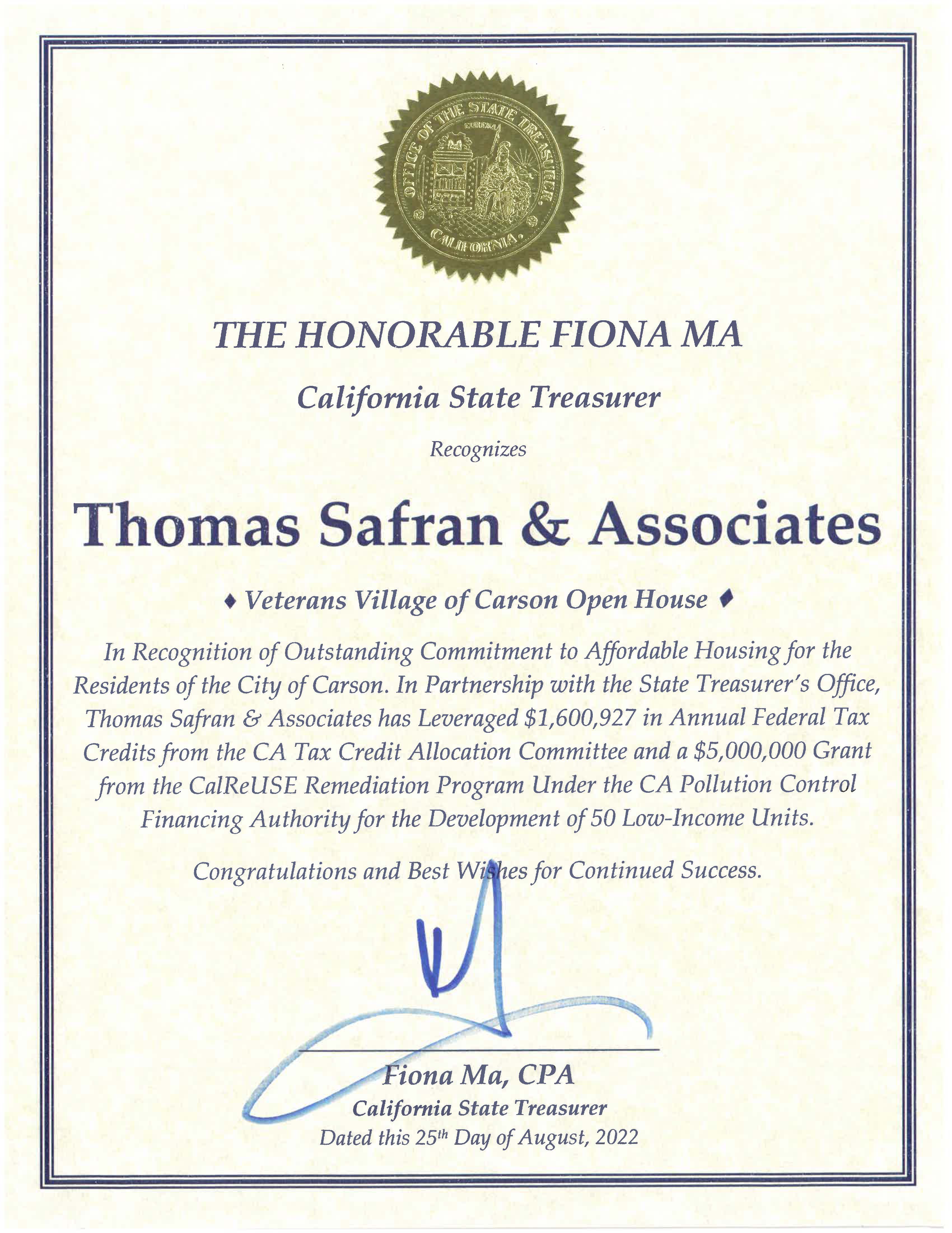 California State Treasurer - Certificate of Recognition 2022 - 
Veterans Village of Carson
