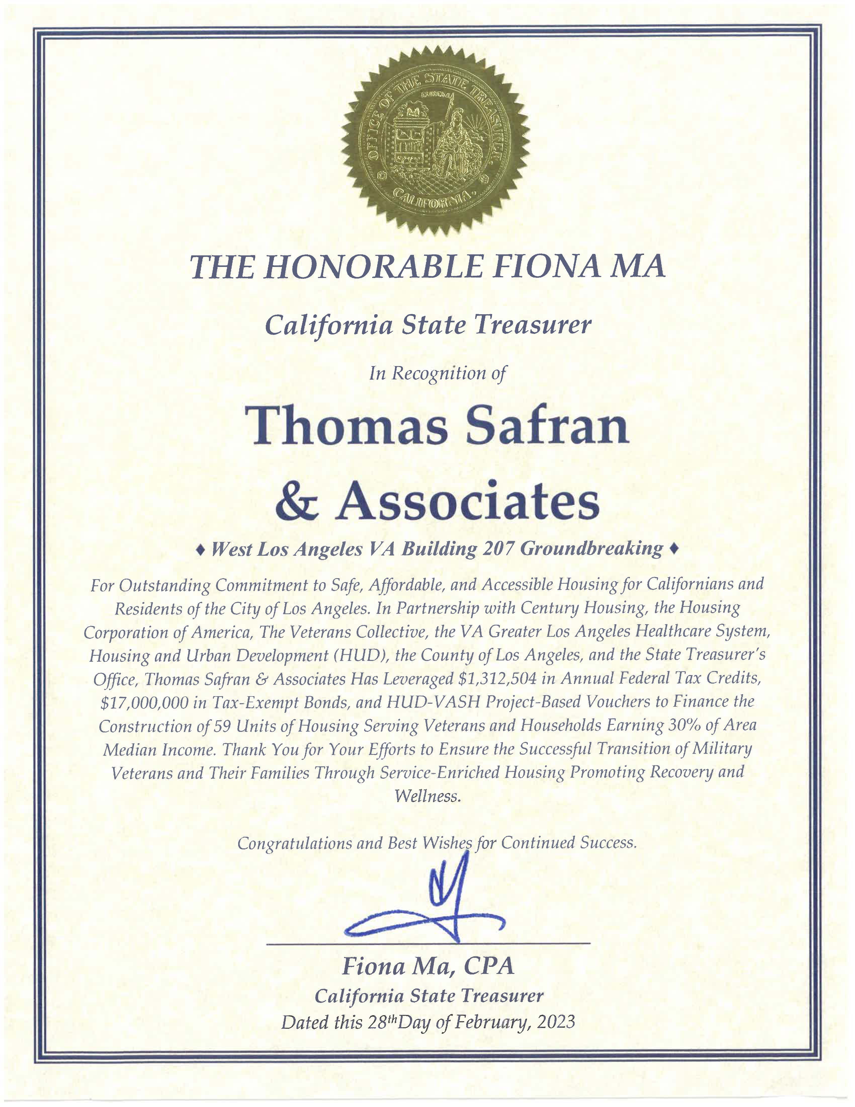 California State Treasurer - Certificate of Recognition 2023 - 
Thomas Safran & Associates - West LA VA Building 207 - 
 