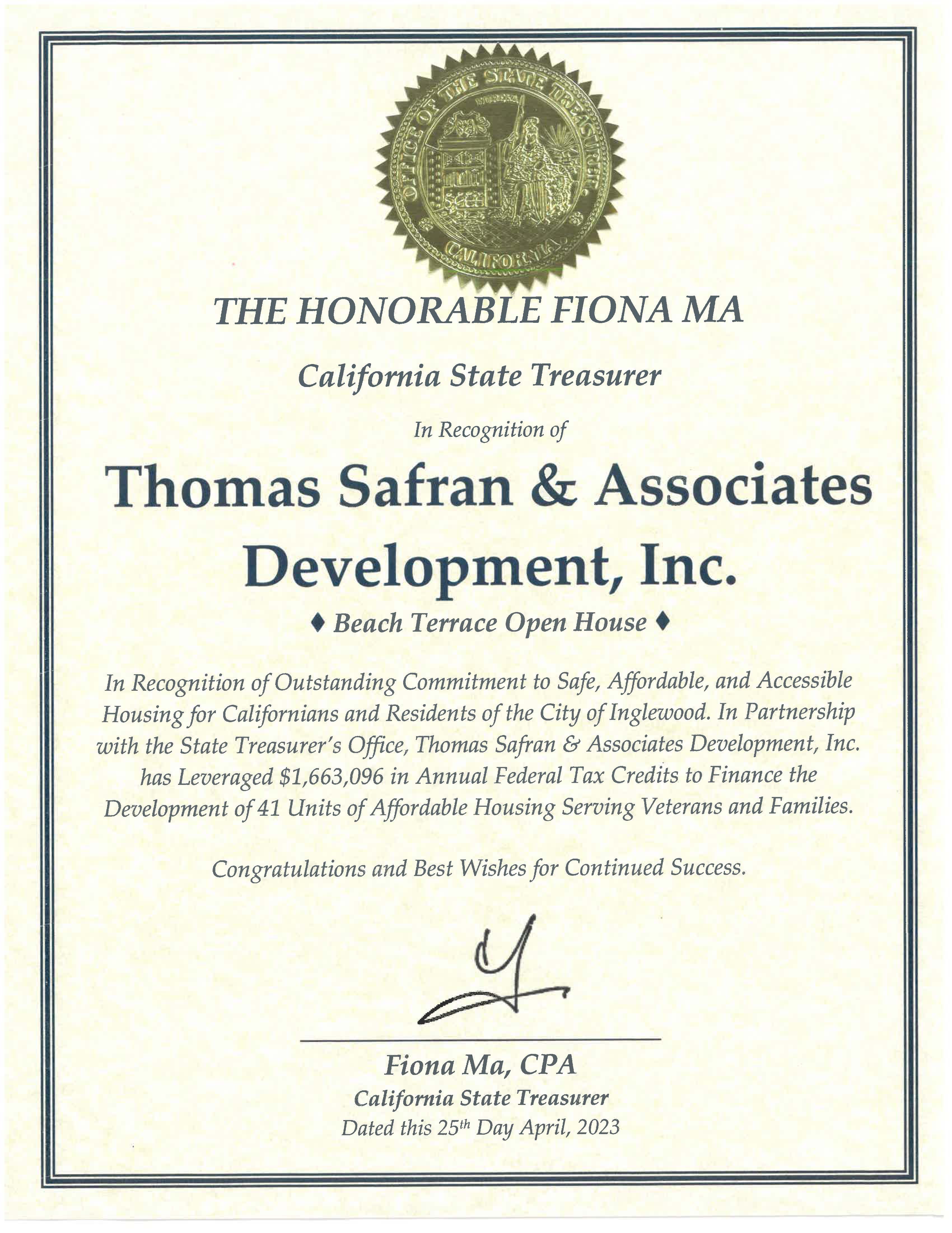 California State Treasurer - Certificate of Recognition 2023 - 
Beach Terrace