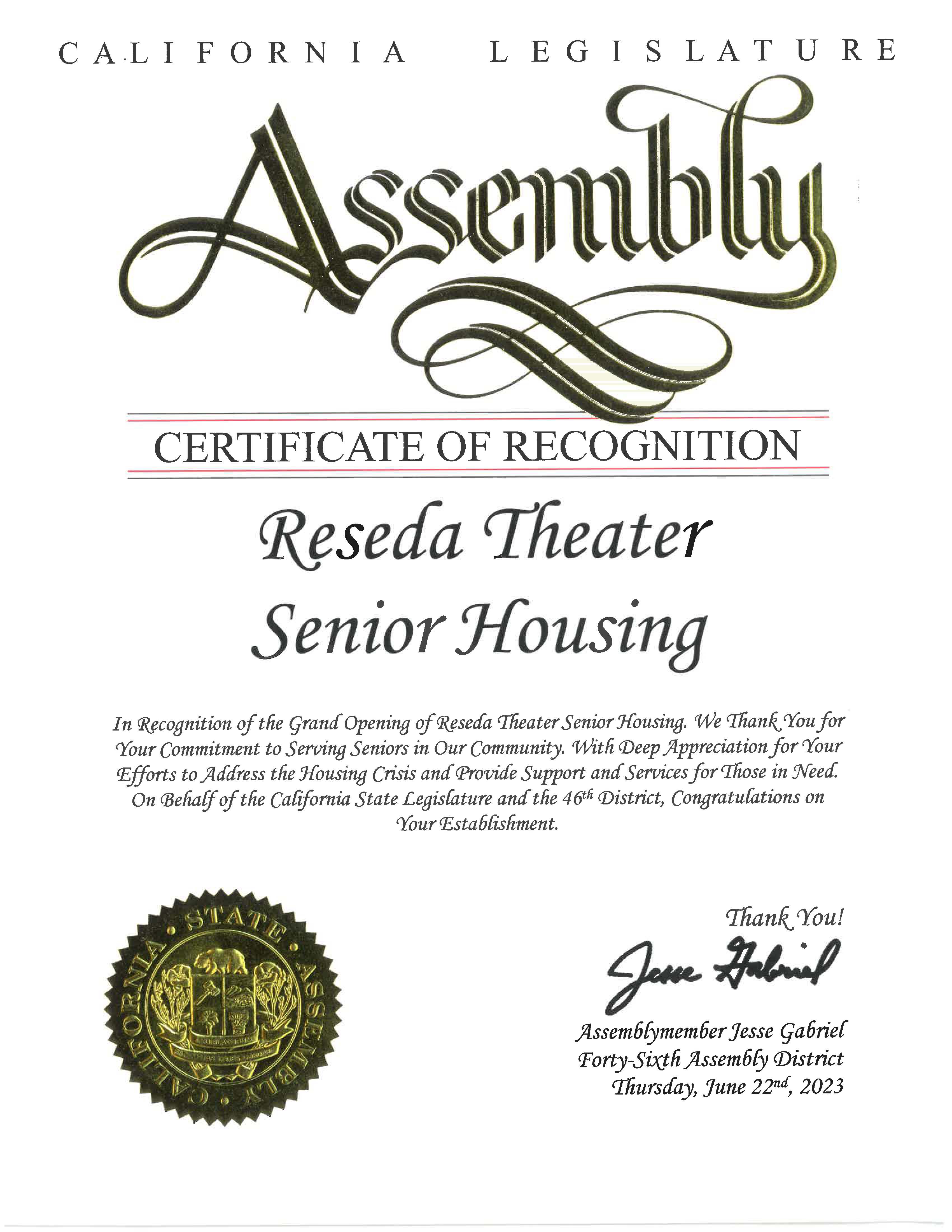 California Legislature Assembly - Certificate of Recognition 2023 - 
Reseda Theater Senior Housing