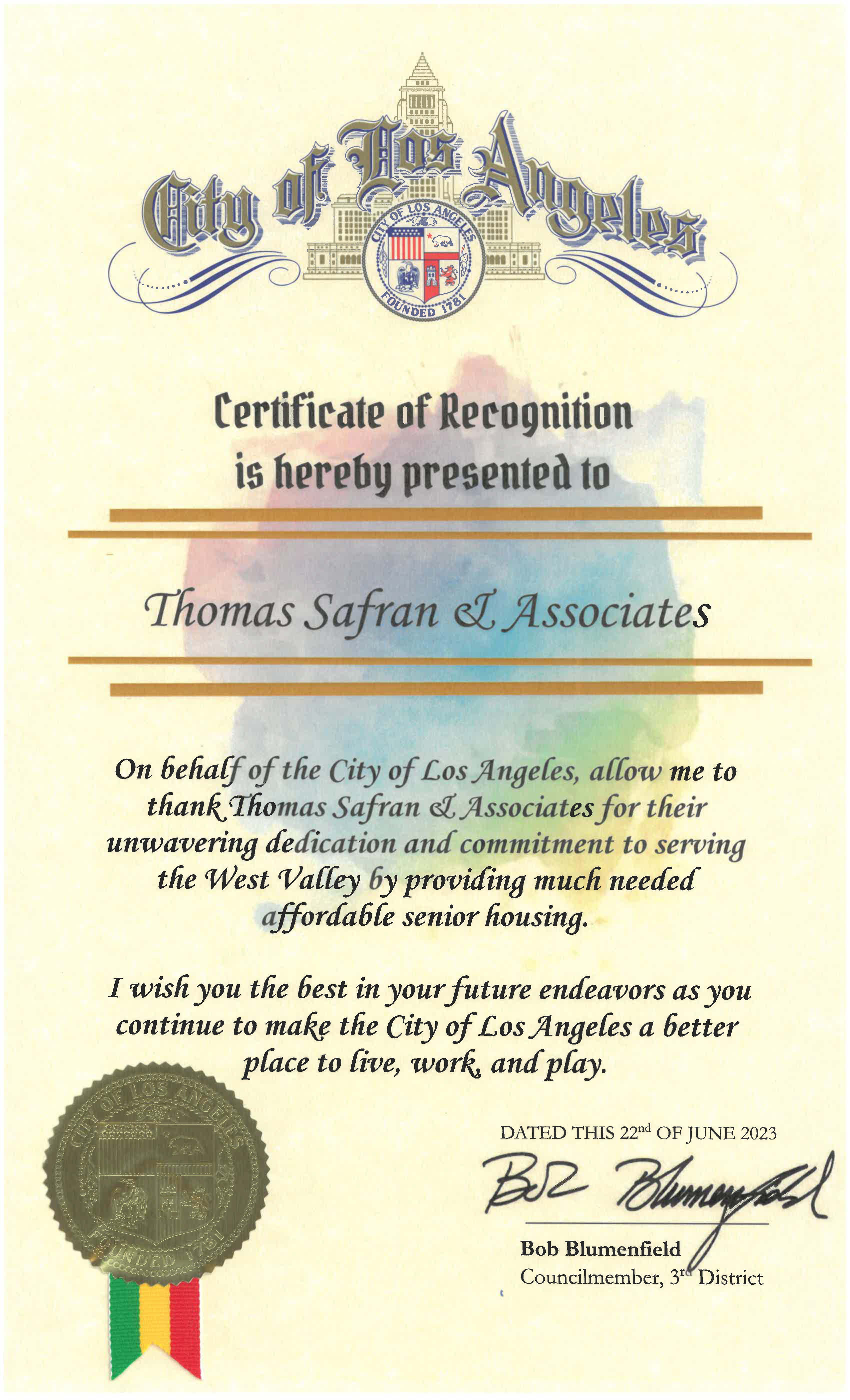 City of Los Angeles - Certificate of Recognition 2023 - 
Thomas Safran & Associates