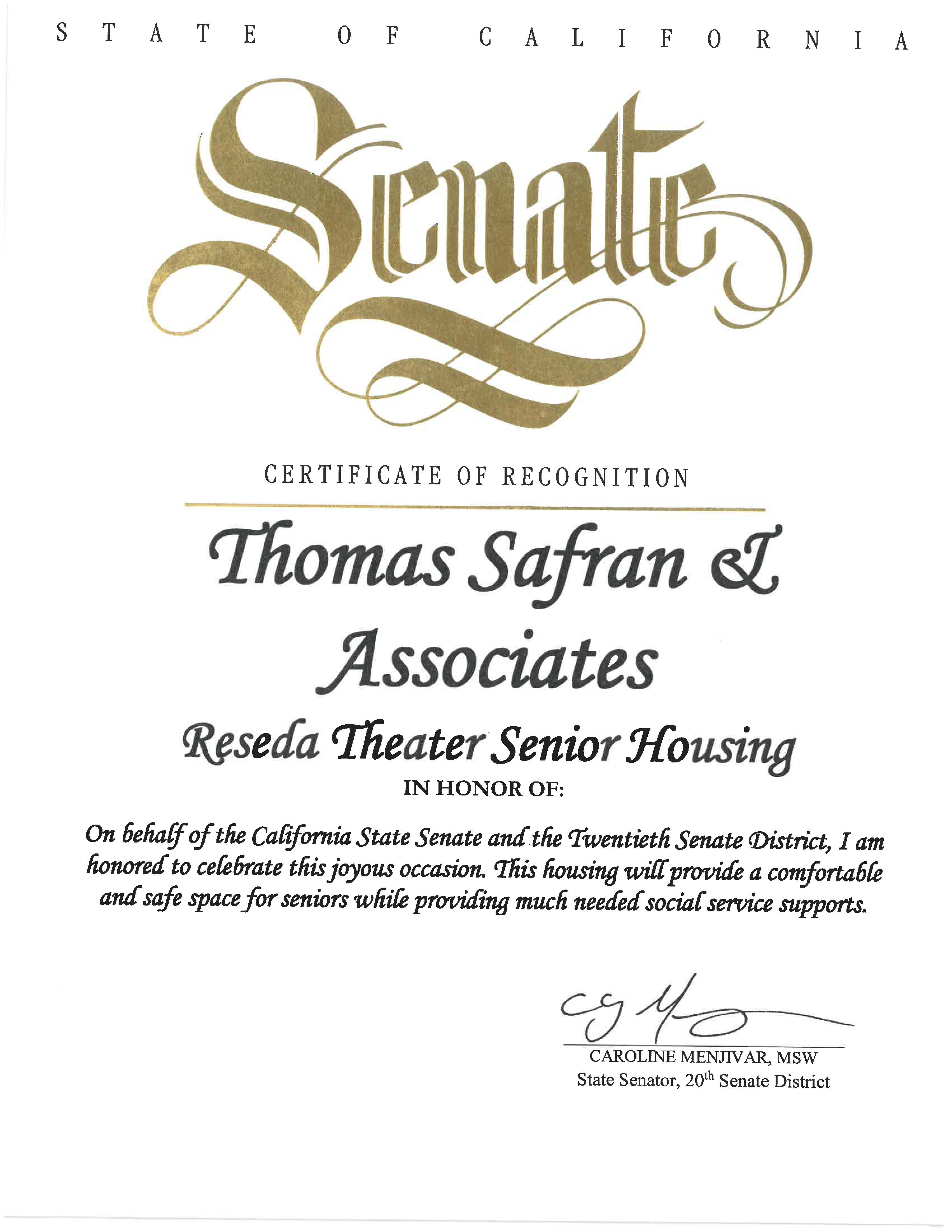 State of California Senate - Certificate of Recognition  - 
Reseda Theater Senior Housing