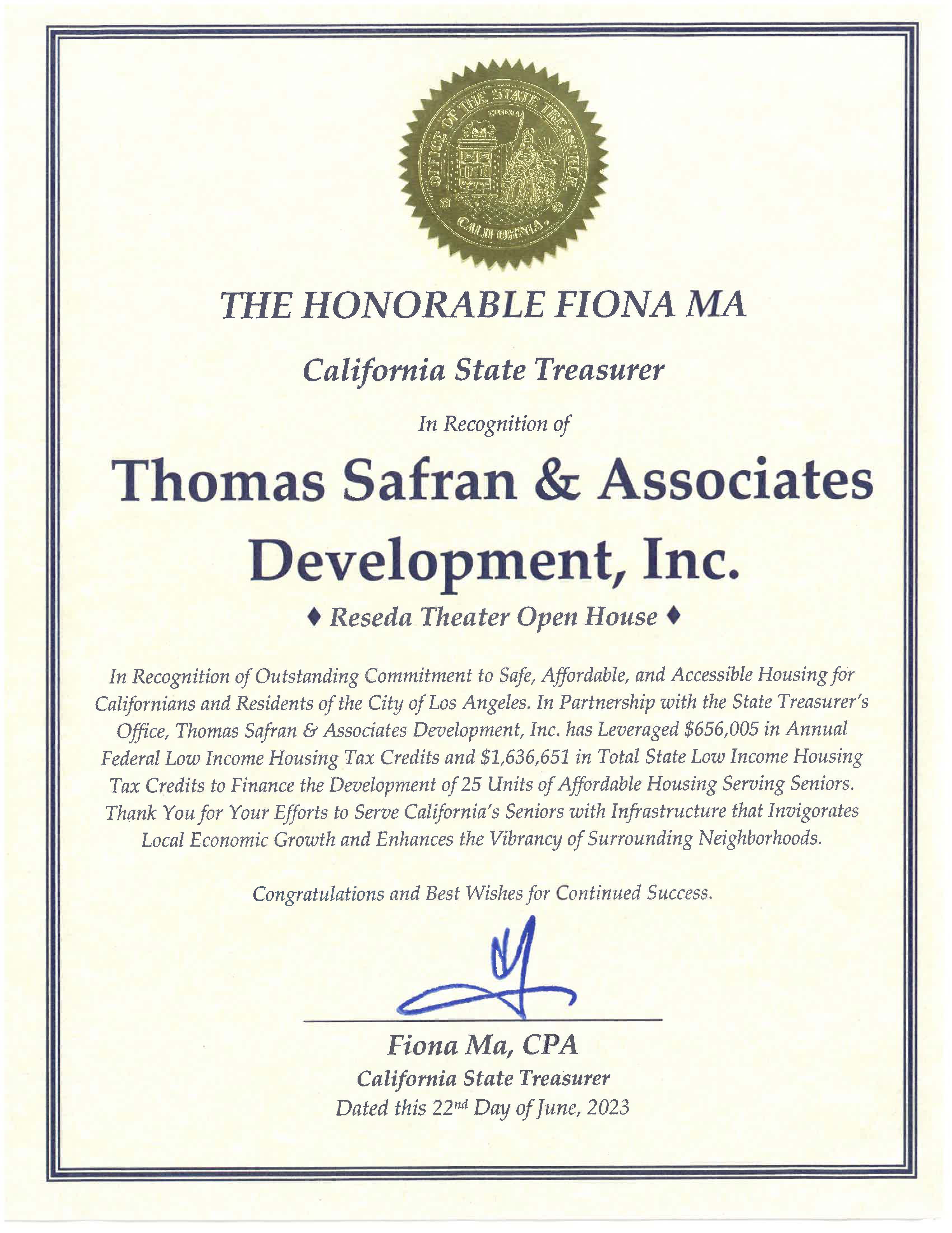 California State Treasurer - Certificate of Recognition 2023 - 
Reseda Theater Senior Housing