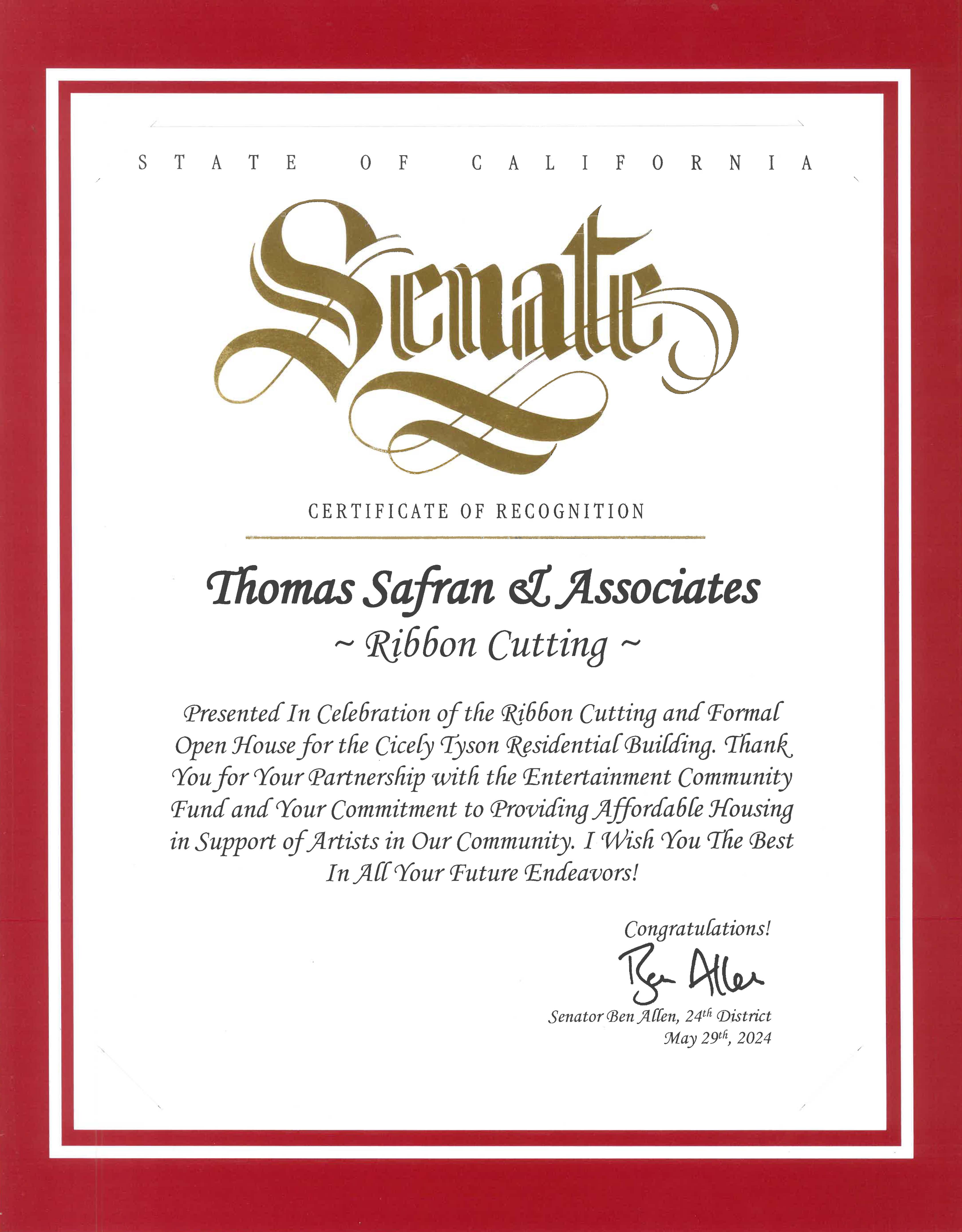 State of California Senate - Certificate of Recognition 2024 - 
Hollywood Arts Collective