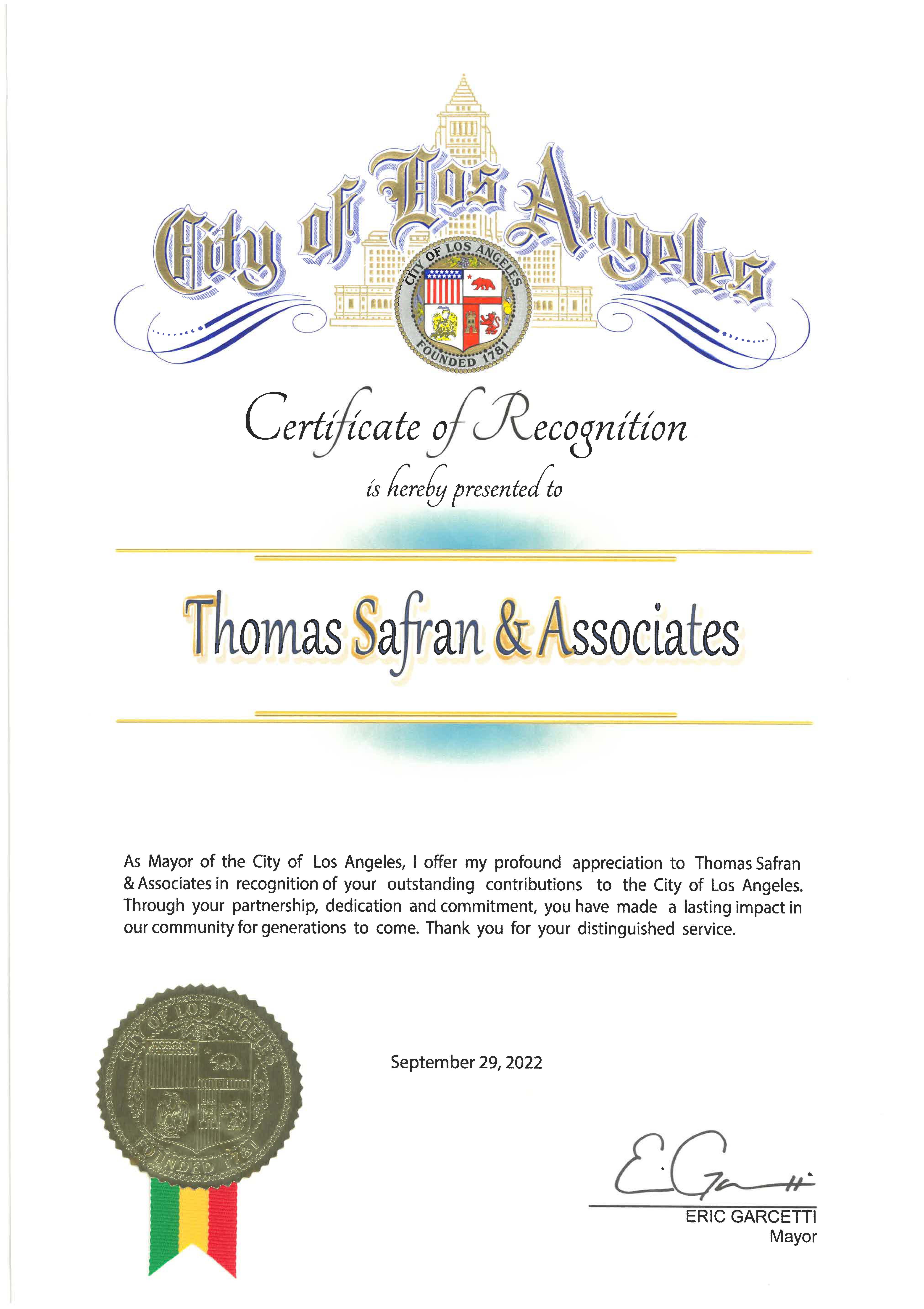 City of Los Angeles - Certificate of Recognition 2022 - 
Thomas Safran & Associates