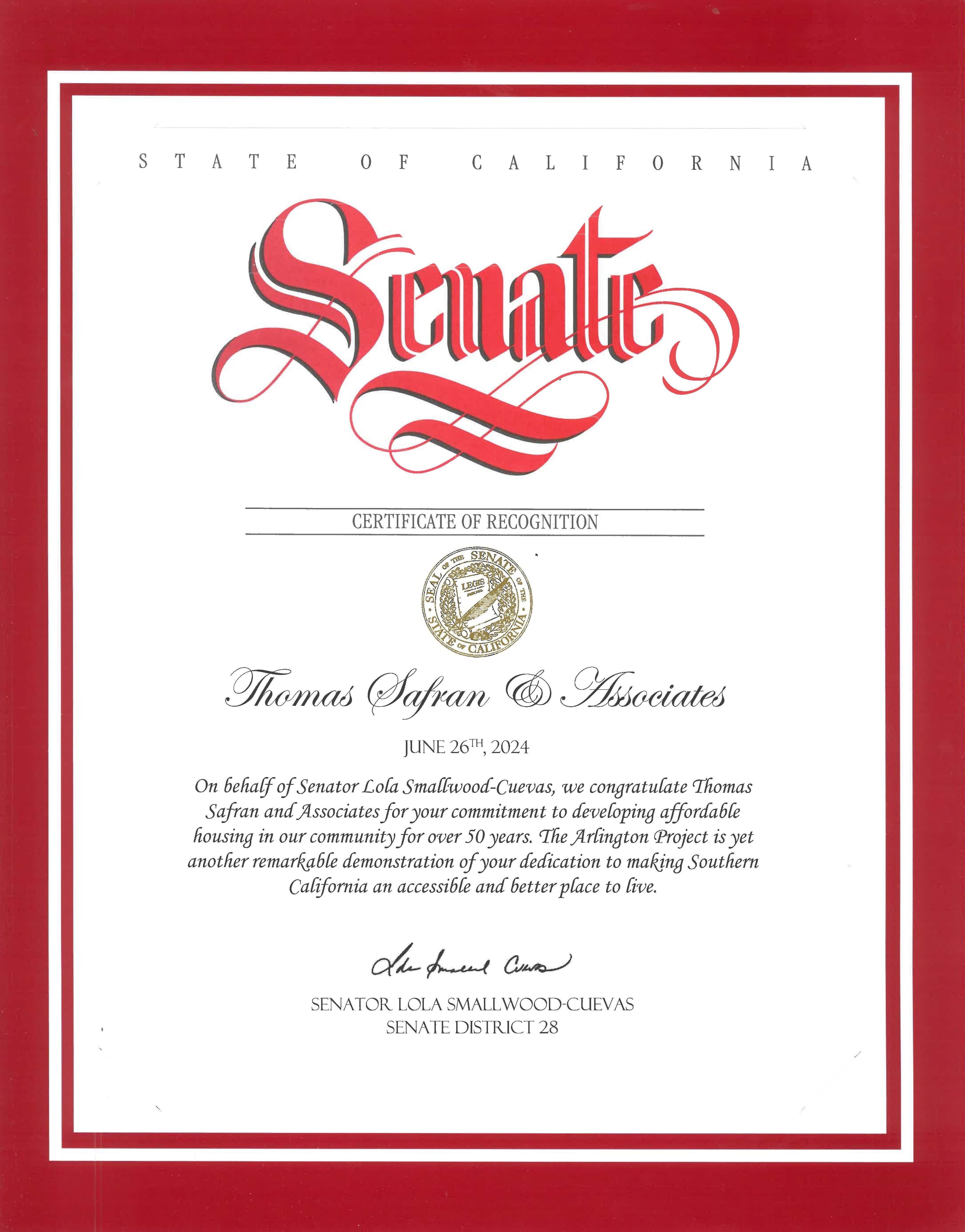 State of California Senate - Certificate of Recognition 2024 - 
The Arlington