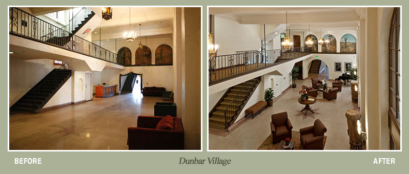 Before and after photos of Dunbar Village property
