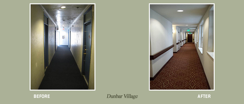 Before and after photos of Dunbar Village property