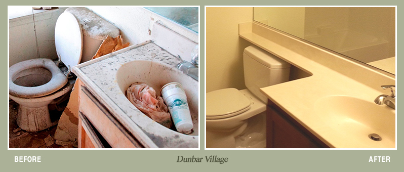 Before and after photos of Dunbar Village property