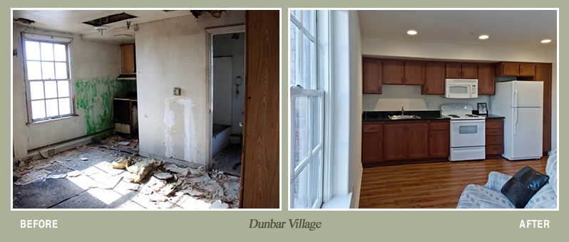 Before and after photos of Dunbar Village property