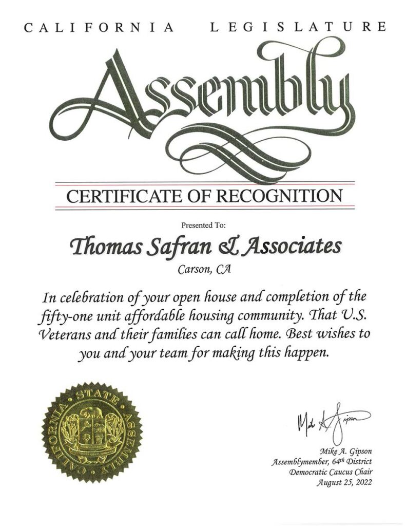 California Legislature Assembly Certificate of Recognition 2022 Thomas Safran & Associates