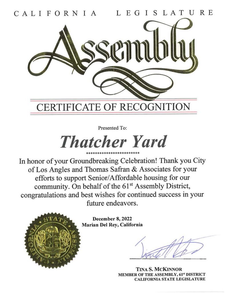 California Legislature Assembly Certificate of Recognition 2022 Thatcher Yard