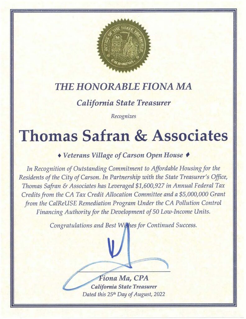 California State Treasurer Certificate of Recognition 2022 Veterans Village of Carson