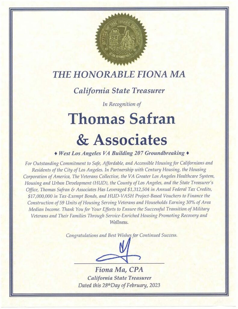 California State Treasurer Certificate of Recognition 2023 Thomas Safran & Associates - West LA VA Building 207
