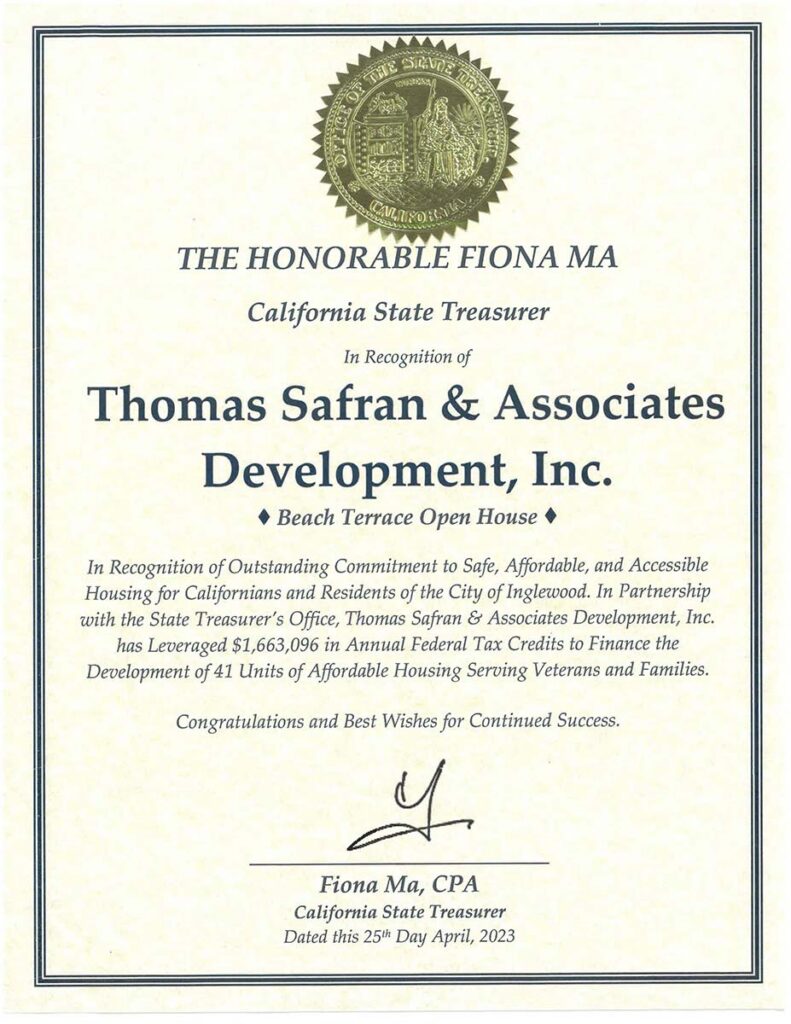 California State Treasurer Certificate of Recognition 2023 Beach Terrace