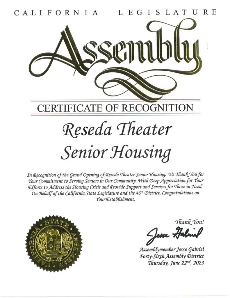 California Legislature Assembly Certificate of Recognition 2023 Reseda Theater Senior Housing