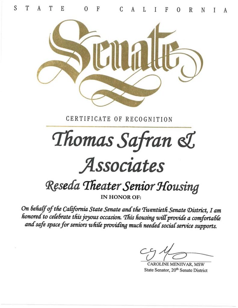 State of California Senate Certificate of Recognition Reseda Theater Senior Housing