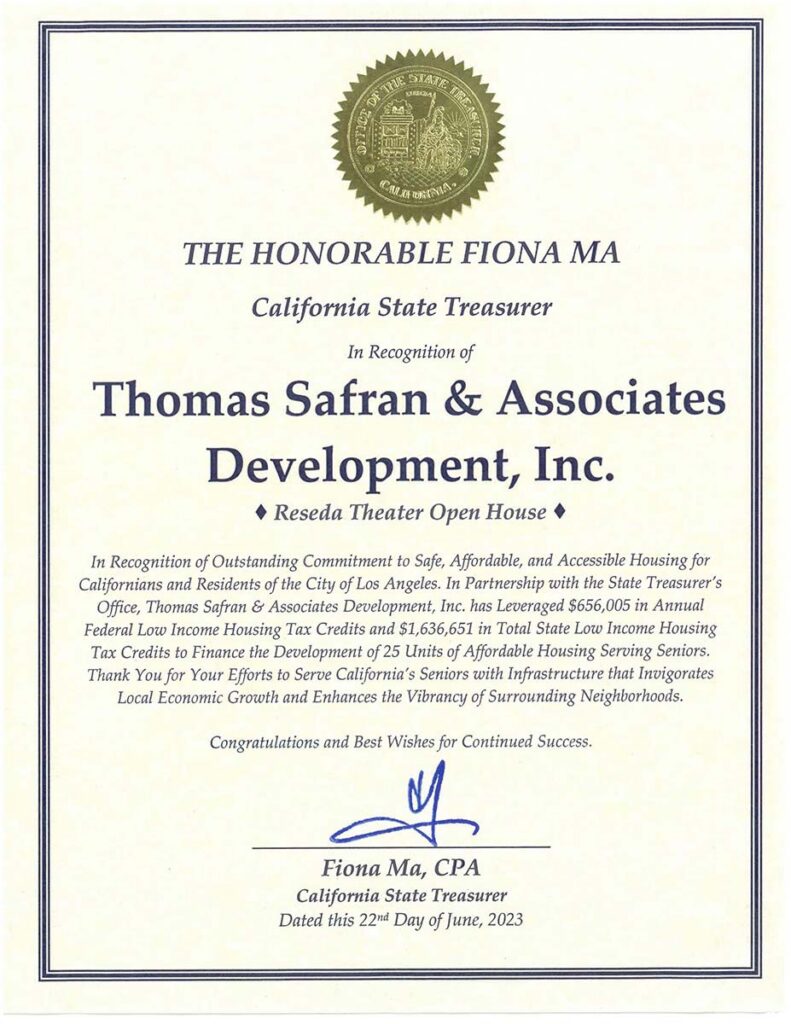 California State Treasurer Certificate of Recognition 2023 Reseda Theater Senior Housing