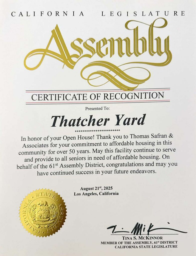 California Legislature Assembly Certificate of Recognition 2025 Thatcher Yard