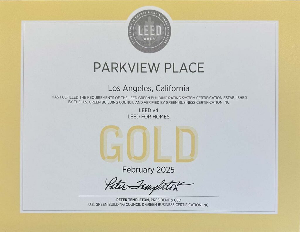 LEED Gold for Homes Certificate 2025 Parkview Place