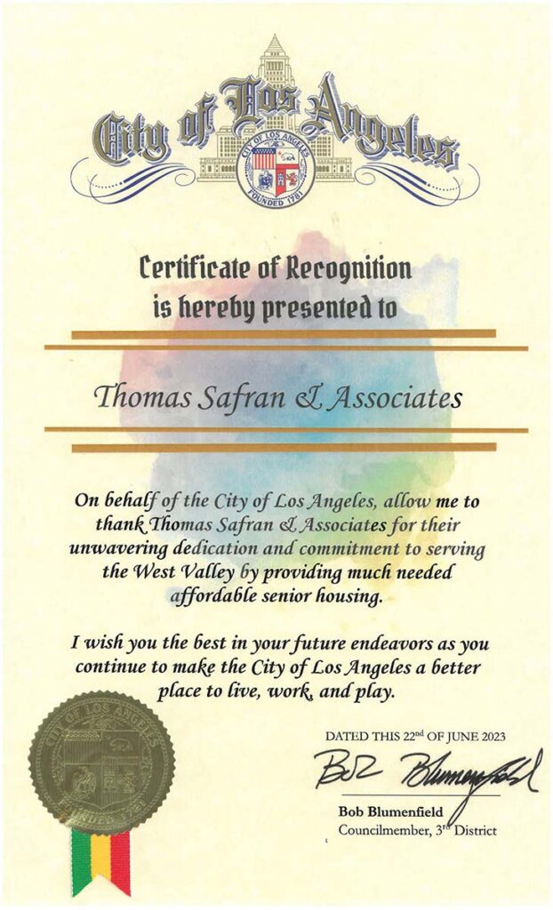 City of Los Angeles Certificate of Recognition 2023 Thomas Safran & Associates