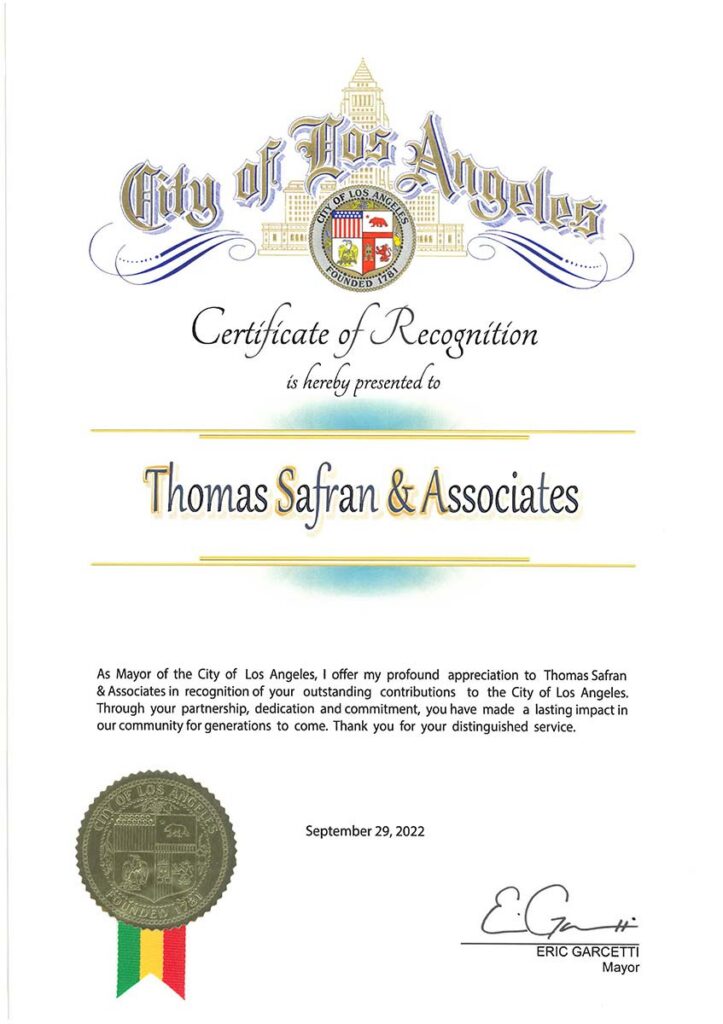 City of Los Angeles Certificate of Recognition 2022 Thomas Safran & Associates